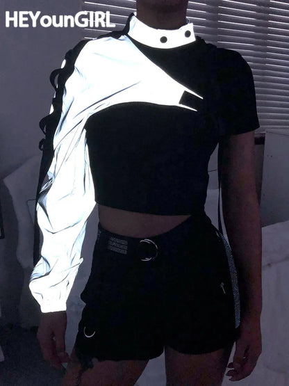 Reflective Crop Top Harajuku Punk Long Sleeve T-shirt Irregular Cargo Top One Shoulder T Shirt Street