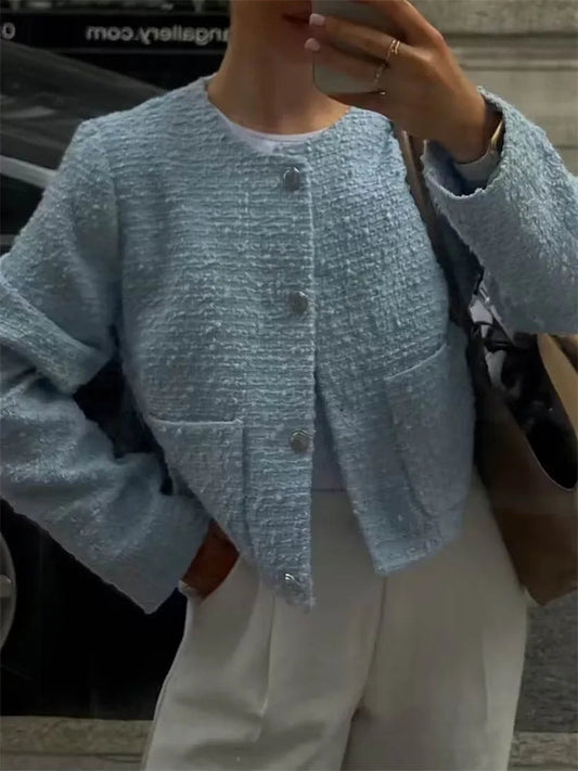 Autumn Patchwork Cardigan Sweater Scoop Neck for Pocket High Waist Outwear Female Coat