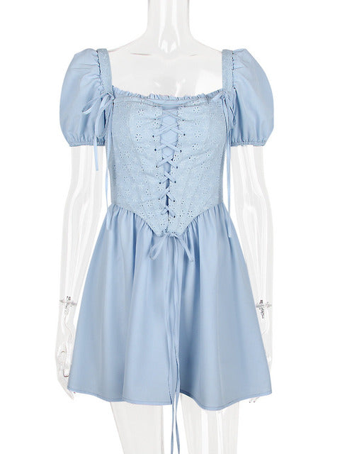 Short Puff Sleeve Mini Dress Square Collar Backless A-line Pleated Club Party Dress
