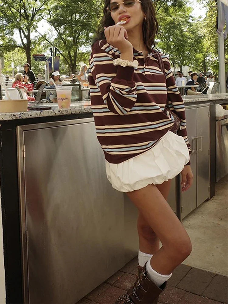 Stripe Basic T-shirt Long Sleeve Female All Match Polo Shirt Spring New Loose Tops High Street