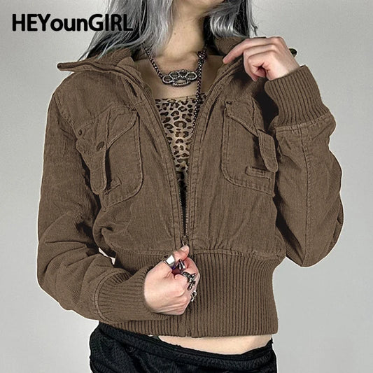 Y2k Corduroy Jacket Autumn 2000s Brown Zip Up Coat Pocket Detail Slim Fit Outerwear