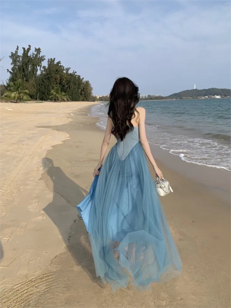 Beach Long Holiday Dress Blue Mesh Strap Vneck Split Maxi Dress Vestidos Elegantes Wedding Party Dresses Prom Dress