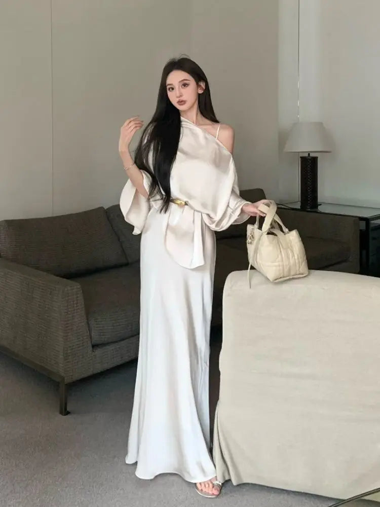 French Style Fish Tail Dress Set Slimming Strap Camisole Long Dress Summer New Slant Shoulder Top Two Piece Set Outfits