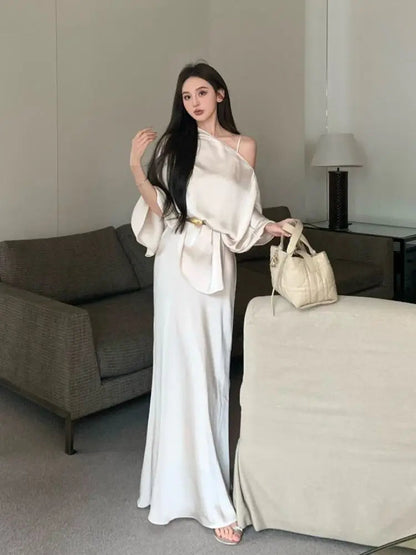 French Style Fish Tail Dress Set Slimming Strap Camisole Long Dress Summer New Slant Shoulder Top Two Piece Set Outfits