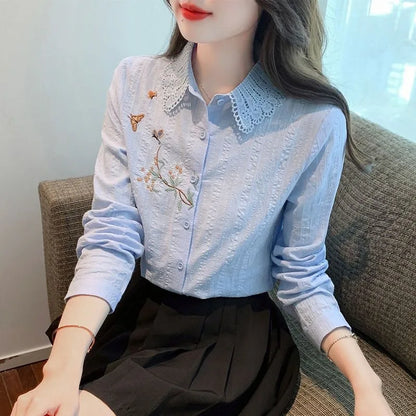 Embroidery Spring Autumn Blouses Shirts Lady Long Sleeve Turn-down Collar Color Blusas Tops Df4775