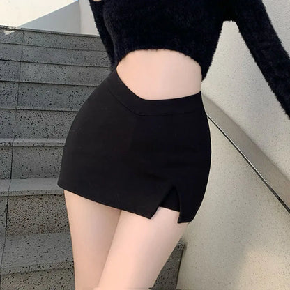 Black Split Mini Skirts Summer Club High Waist Slit Skirt Korean Party Irregular Slim a Line Skirt
