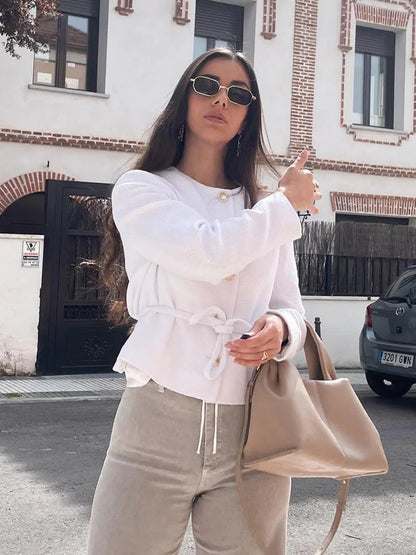 Spring Blazers White Oneck Long Sleeves Laceup Decoration Single Breasted Jacket Female Coat