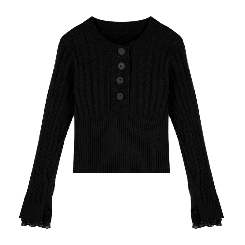 Spring New Korean Lace Splicing Multibutton Color Long Sleeve Sweater + Warm Plush Scarf Twopiece Suit