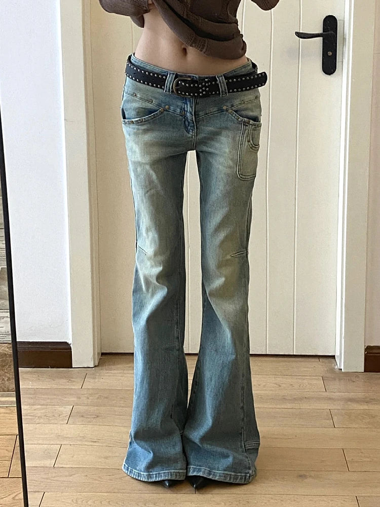 Gyaru Japanese Harajuku Y2k Low Rise Flare Denim Pants Jeans 2000s Bellbottom Trousers Kpop Goth Tide