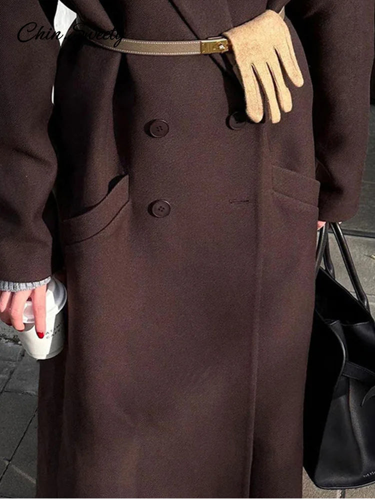 Lapel Pocket Woolen Long Trench Coat Full Sleeve Loose Overcoat Autumn Winter Lady Commute Outwear