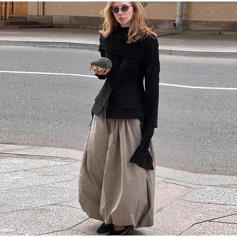 Autumn Print Trousers Elastic Waist Foot Binding Dropped Pants Wide Leg Pleated Lady Patchwork New