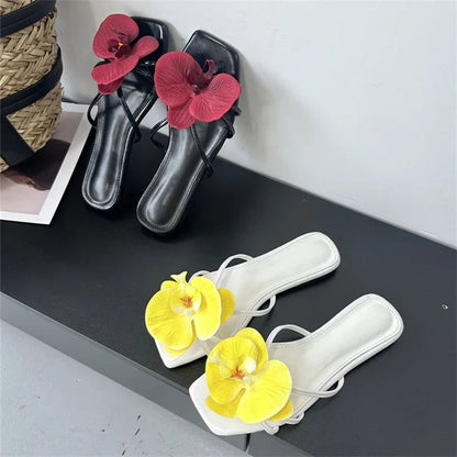 Summer Flower Narrown Band Low Heels Slippers Square Toe Beach Shoes Size 3543