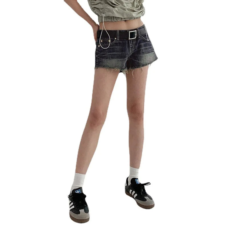 Blue Tassel Denim Shorts American Low Waist Straight With Belt Mini Shorts Summer Y2k