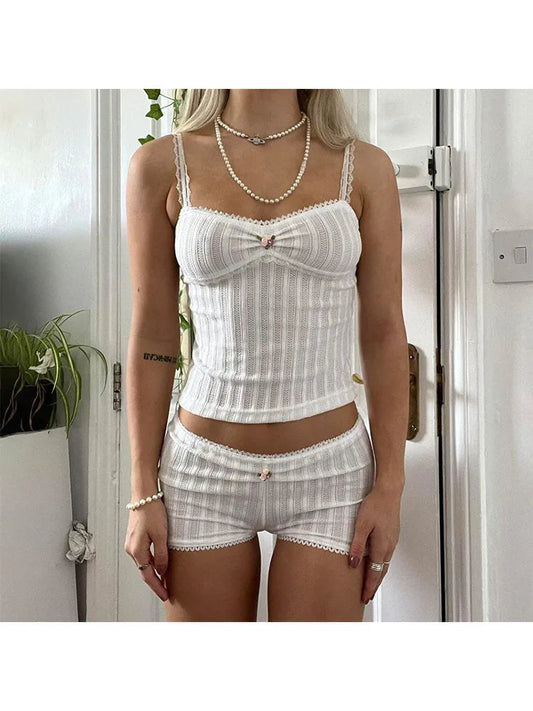 Woman Hot Pants Japanese Outfits Gyaru Tank Top Shorts Halter Top Sets Crochet New Trend Top Core