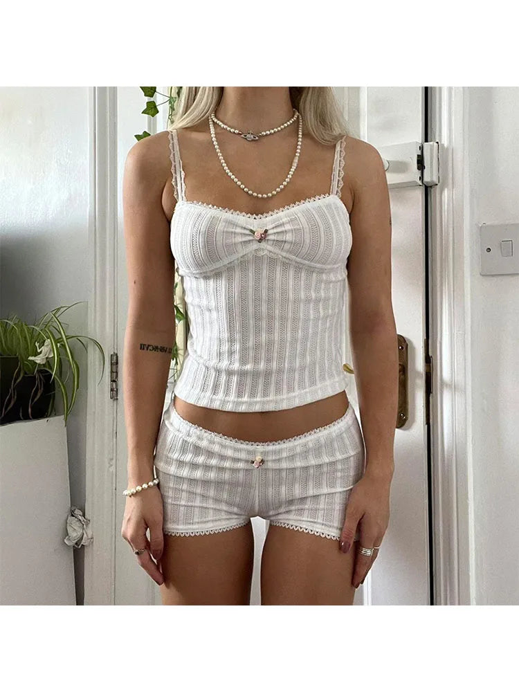Woman Gyaru Corset Kpop Top American Style Halter Aesthetics Top Camisole Coquette Outfits 2 Piece Set Shorts Hot Pants