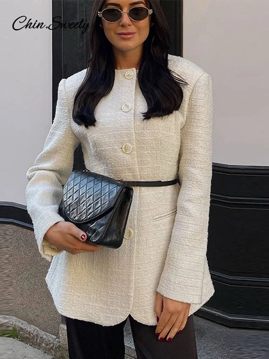 Tweed ’s Blazer Coat Slim O Neck Single Breasted Shoulder Pad Thick Jacket Female Spring Office Lady Outwear