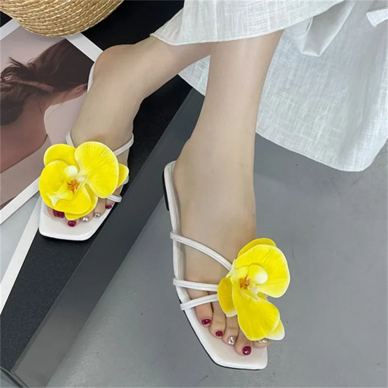 Summer Flower Narrown Band Low Heels Slippers Square Toe Beach Shoes Size 3543