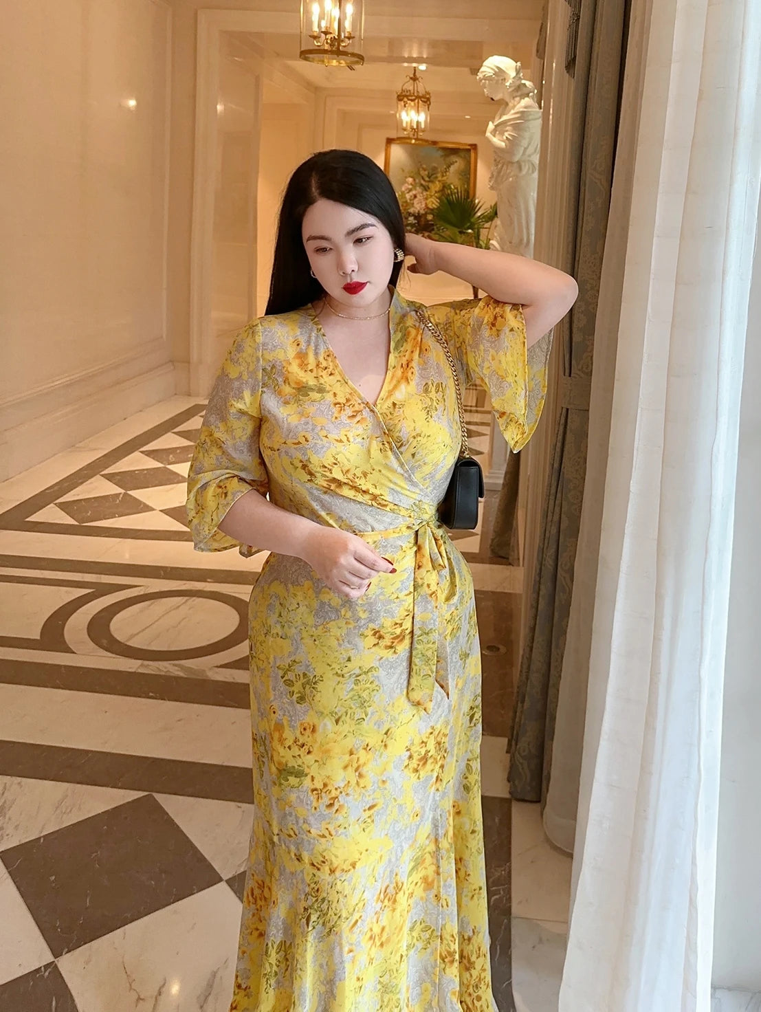 French Style Print Wrap Around Body Large Size Belly Covering Slimming Holiday Long Dress Wrap Around Skirt Large Size