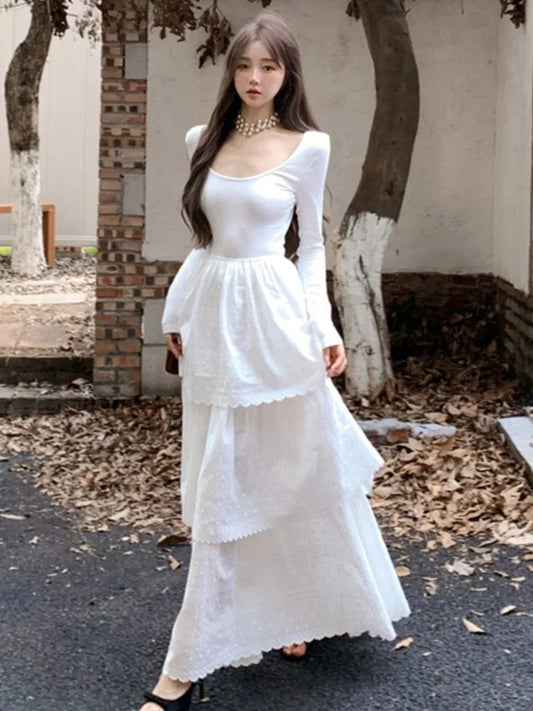 Autumn Cake Long Dress for Long Sleeve Oneck Aline Party Dresses One Piece Vestidos Robe