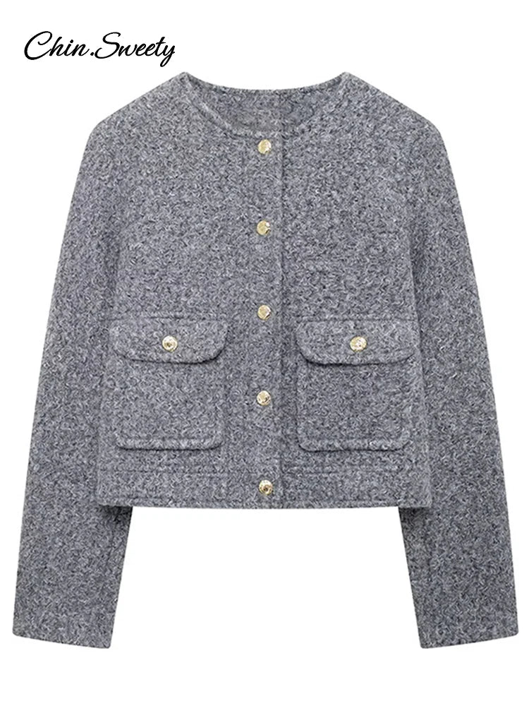 Woolen Blends Coat for O-neck Metal Button Gray Long Sleeve Pockets Jackets Autumn Lady High Street Outwear
