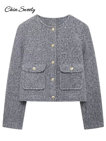 Woolen Blends Coat for O-neck Metal Button Gray Long Sleeve Pockets Jackets Autumn Lady High Street Outwear