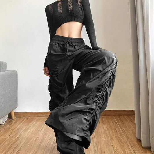 High Waist Drawstring Black Pants Spring New Pleated Loose All Match Wide Leg Pants