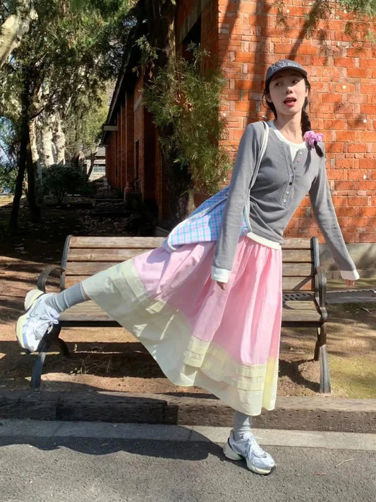 Pink Highwaisted Skirt Female Faldas Loose Slim Midlength Umbrella Skirt Contrast Color Design Aline Pleated Skirts