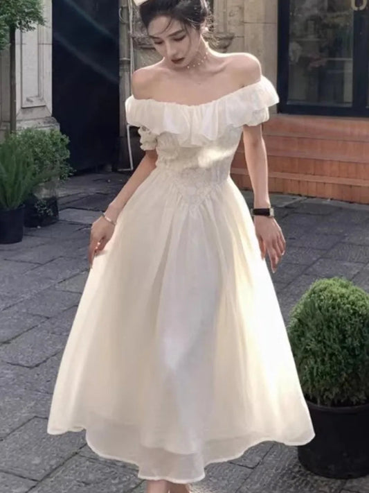New Summer Off Shoulder Midi Dress Lace Patchwork Ruffles Aline Party Dresses Prom Robe Vestido