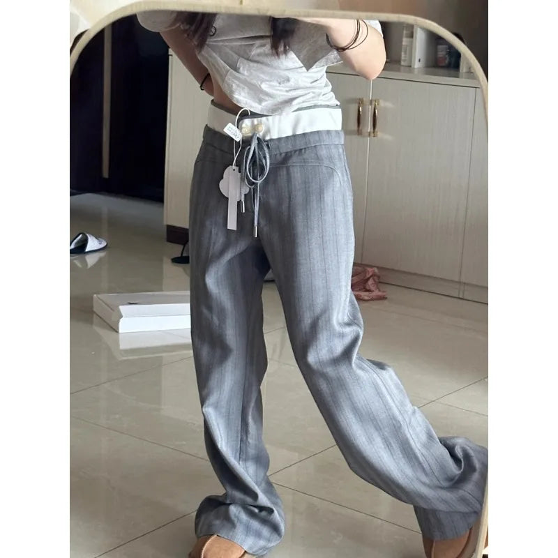 Korean Retro Contrast Color Patchwork Pants Spring New High Waist Laceup All Match Striped Wide Leg Pants