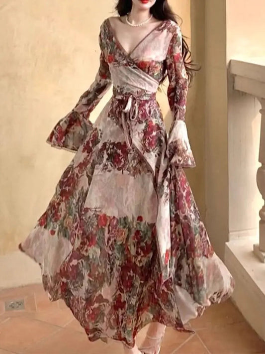French Flower Print Midi Dress Female Retro Slim Design Long Sleeve Clothing Evening Party Dress Y2k Korean Summer