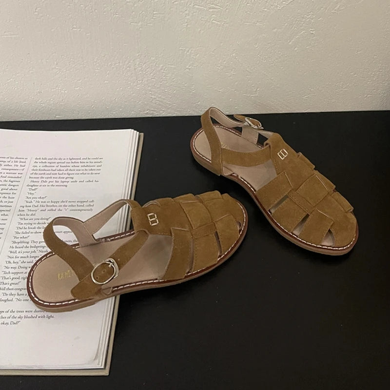 Roman Sandals Summer New Flat Retro Real Leather Sandals Hollowed Cage Shoes