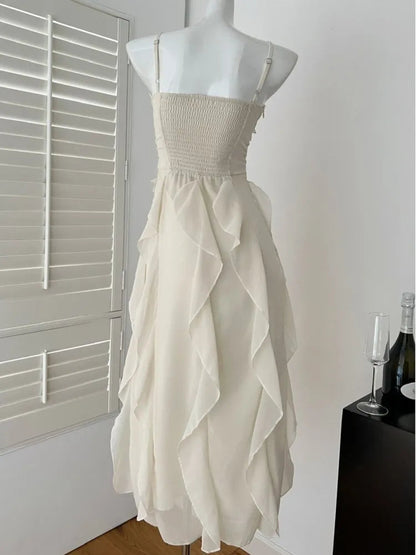 Korean Sweet Fairycore Long Dresses for Spaghetti Strap Ruffles Princess Party Dress Summer Slim Waist Vestidos