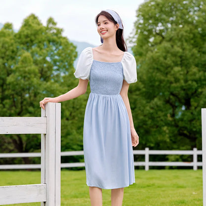 Dress Color-blocking Puff Sleeves Sweet and Temperament Autumn Hepburn Style Tight Retro Skirt