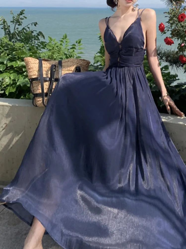 Summer New Spaghetti Strap Long Dresses for V-neck A-line Evening Party Dress Backless Prom Robe One Piece Vestido Mujer