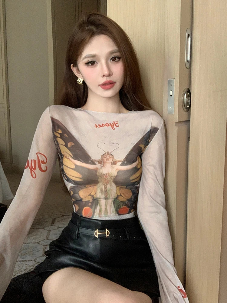Womnen Coquette Gyaru Gauze Shirts Graphic Long Sleeve Blouses Vneck Backless Y2k Crop Tops 2000s Aesthetic