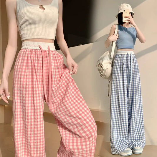 Thin High Waisted Checkered Black and White Wide Leg Pants, Elastic Floor Length Pants, Retro Loose and Versatile