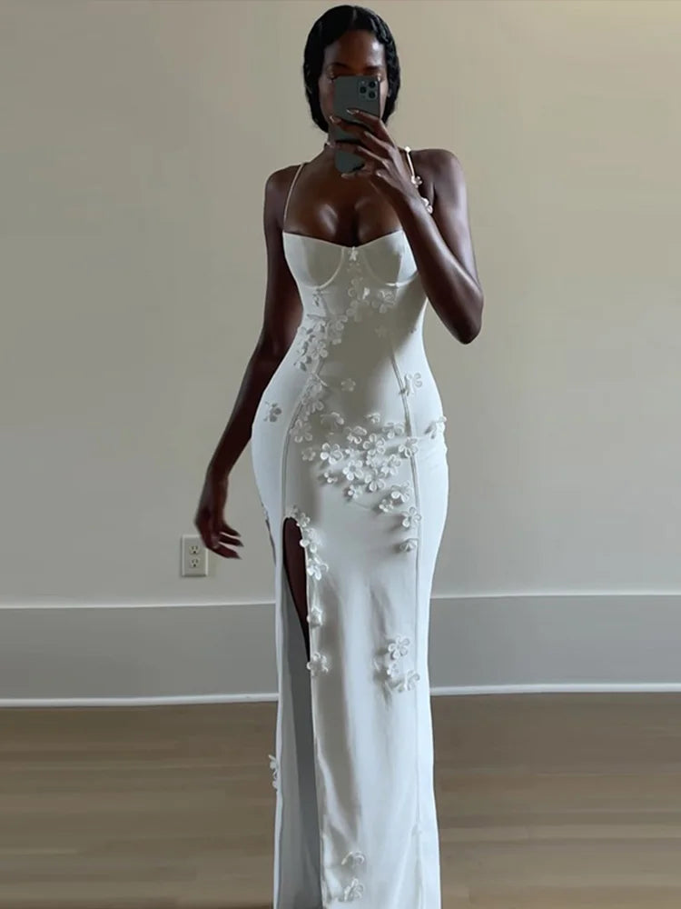 3d Flowers Sling Tube Dresses Slim Fit Sleeveless Slit Long Dress Female Spring Evening Vestidos
