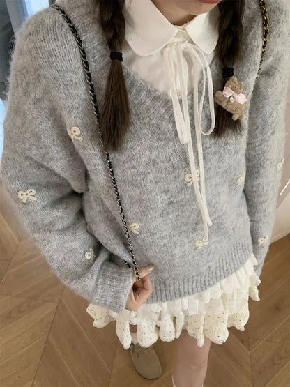 Sweet Hot Girl Grey Bow Embroidered Sweater Autumn Loose Thickened Knitted Pullover Female Clothes