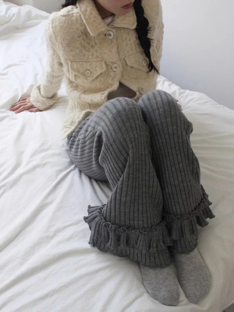 Simple Pit Strip Ruched Knitted Trousers Autumn High Waist Slim Fit Pants Y2k Grunge Loose Ruffles Wide Leg