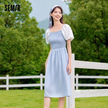 Dress Color-blocking Puff Sleeves Sweet and Temperament Autumn Hepburn Style Tight Retro Skirt