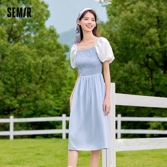Dress Color-blocking Puff Sleeves Sweet and Temperament Autumn Hepburn Style Tight Retro Skirt
