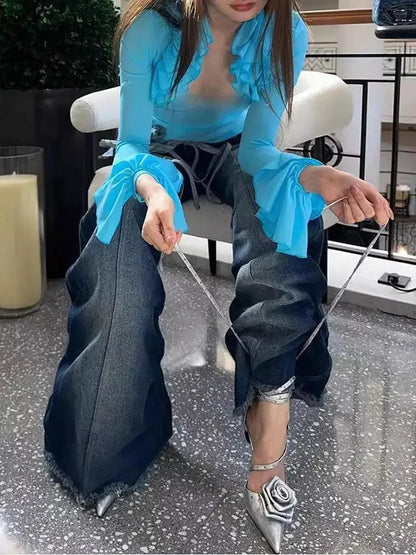 American Retro Pleated Design Slimming Denim Flared Pants for Autumn and Winter New Y2k Spicy Girl Low Waist Jeans