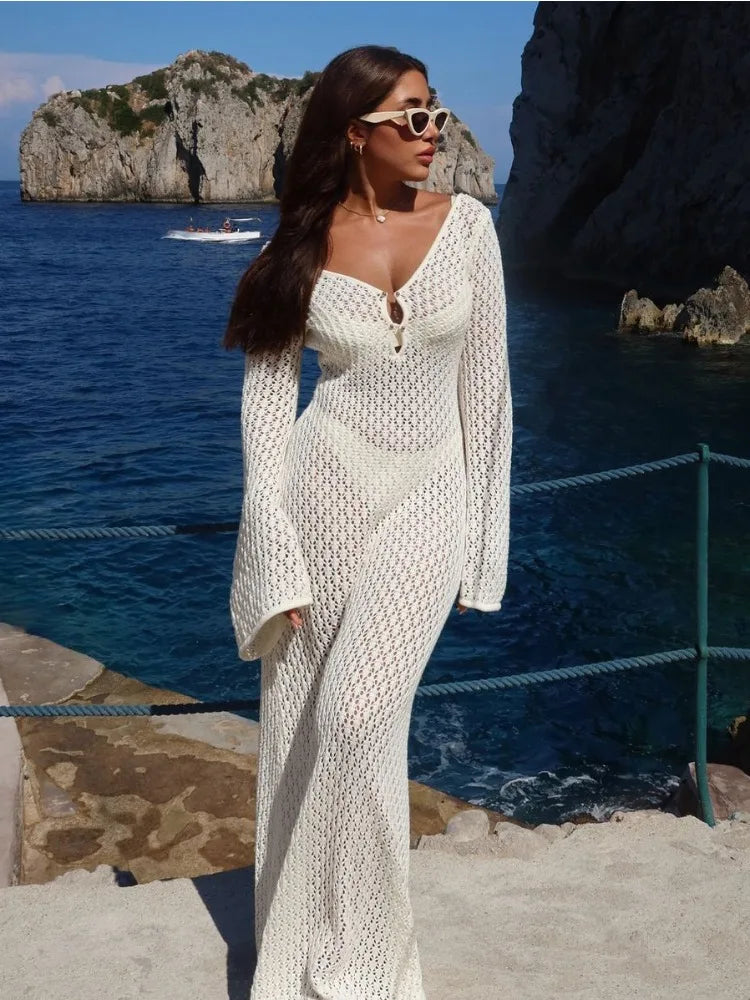 Crochet Beach Maxi Dress ’s Knitted Hollow Bikini Swimsuit Cover-up Sun Protection Dress See Through Slim Lady