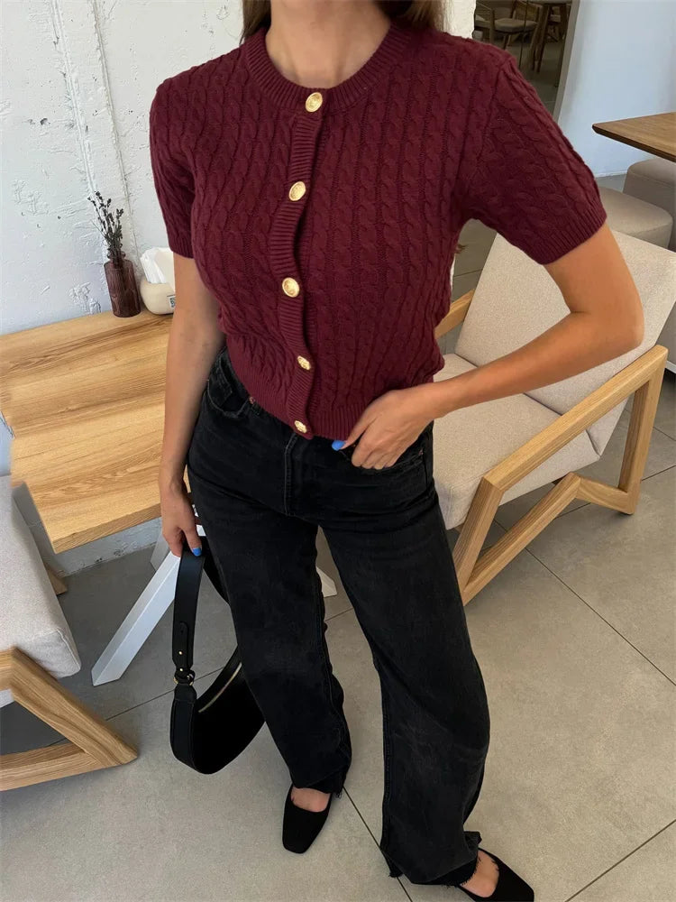 Patchwork Ribbed Knit Cardigan for Short Sleeve Slim Twist Commute Autumn Sweater Knitwear Cropped Top