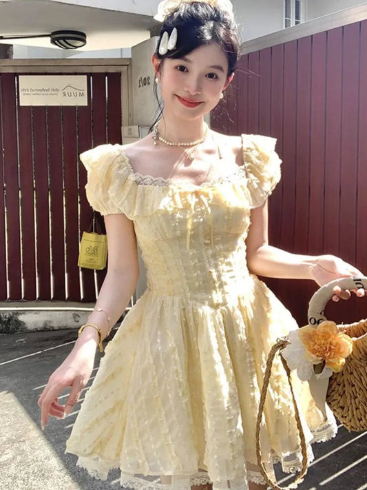 Summer New Sweet Lace Squarecollar Princess Woman Dresses Y2k Korean Preppy Style Slim Aline Mini Dress Vacation Beach
