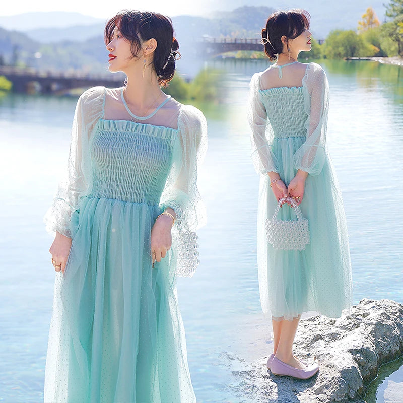 Fairy Dress Summer New Forest Mesh French First Love Pink Sweet Princess Dress Green 3/4 Sleeves Pleated Long Dress