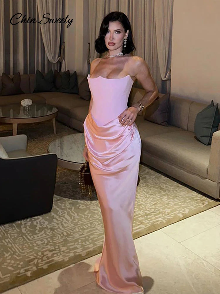 Pleat Strapless Long Dresses Sleeveless Backless Hip Package Lace-up Party Dress Lady New Christmas Cocktail Gowns