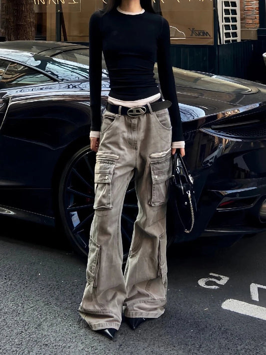 Brown Jeans High Waist American Wide Leg Pants Straight Baggy Denim Trousers Mom Oversize Pants