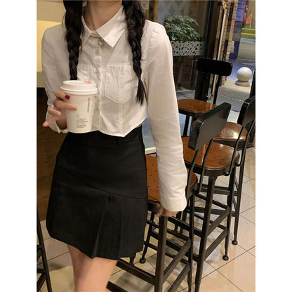 Y2k Cropped White Shirts Preppy Irregular Long Sleeve Blouses Summer Korean Pockets Slim Design Tops