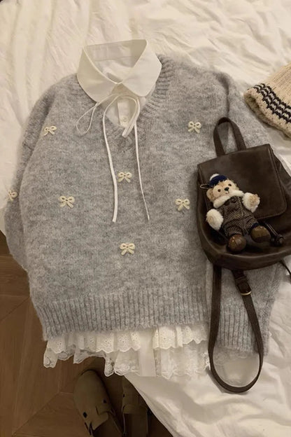 Sweet Hot Girl Grey Bow Embroidered Sweater Autumn Loose Thickened Knitted Pullover Female Clothes